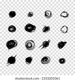Handgezeichnete Doodle-Kreise im Grunge-Stil. Vektorgrafik für die Kugeln-Zeitschrift. Transparenter Hintergrund. Schreib-Doodle-Kreis und Punkt. Schwarze Formen, Punkte und Tropfen.