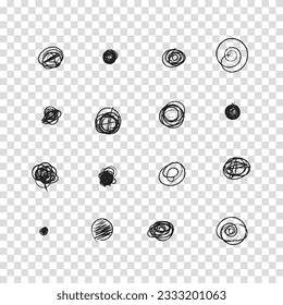 Set of hand drawn doodle circles in a grunge style. Vector illustration for bullet journal. Transparent background. Scribble doodle circle and point. Collection black shapes dots and drops.