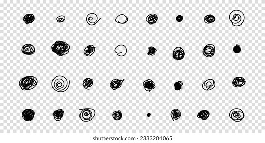 Conjunto de círculos de doodles dibujados a mano en un estilo de grunge. Ilustración vectorial para el diario de viñetas. Fondo transparente. Círculo de garabatos y punto. Colección de puntos y caídas de formas negras.