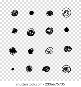 Set of hand drawn doodle circles in a grunge style. Vector illustration for bullet journal. Transparent background. Scribble doodle circle and point. Collection black shapes dots and drops.