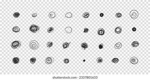 Handgezeichnete Doodle-Kreise im Grunge-Stil. Vektorgrafik für die Kugeln-Zeitschrift. Transparenter Hintergrund. Schreib-Doodle-Kreis und Punkt. Schwarze Formen, Punkte und Tropfen.