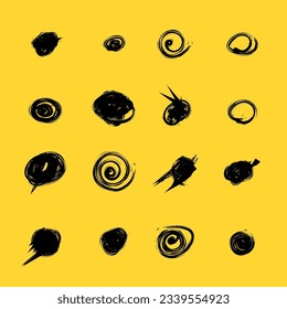 Set of hand drawn doodle circles in a grunge style. Yellow background. Scribble doodle circle and point. Collection black shapes dots and drops. Vector illustration for bullet journal.