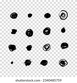 Handgezeichnete Doodle-Kreise im Grunge-Stil. Schreib-Doodle-Kreis und Punkt. Schwarze Formen, Punkte und Tropfen. Vektorgrafik für die Kugeln-Zeitschrift. Transparenter Hintergrund.