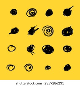 Conjunto de círculos de doodles dibujados a mano en un estilo de grunge. Círculo de garabatos y punto. Ilustración vectorial para el diario de viñetas. Fondo amarillo aislado. Colección de puntos y caídas de formas negras.