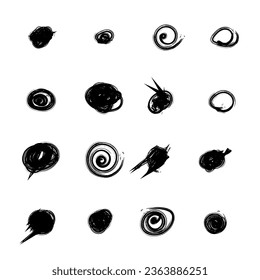 Set of hand drawn doodle circles in a grunge style. Vector illustration for bullet journal. Isolated white background. Scribble doodle circle and point. Collection black shapes dots and drops.