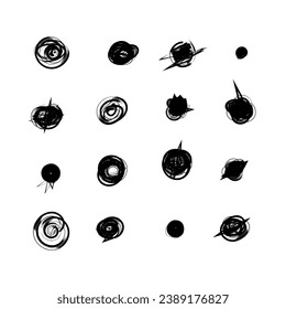 Set of hand drawn doodle circles in a grunge style. Vector illustration for bullet journal. Isolated white background. Scribble doodle circle and point. Collection black shapes dots and drops.