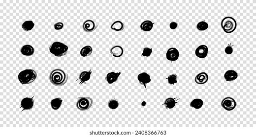 Set of hand drawn doodle circles in a grunge style. Scribble doodle circle and point. Collection black shapes dots and drops. Vector illustration for bullet journal. Transparent background.