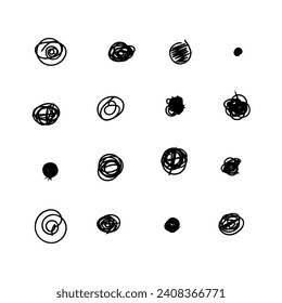 Set of hand drawn doodle circles in a grunge style. Scribble doodle circle and point. Collection black shapes dots and drops. Vector illustration for bullet journal. Isolated white background.