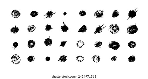 Set of hand drawn doodle circles in a grunge style. Scribble doodle circle and point. Collection black shapes dots and drops. Vector illustration for bullet journal. Isolated white background.
