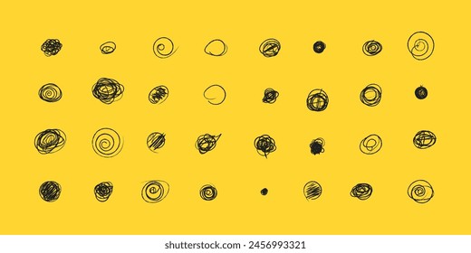 Set of hand drawn doodle circles in a grunge style. Yellow background. Scribble doodle circle and point. Collection black shapes dots and drops. Vector illustration for bullet journal.