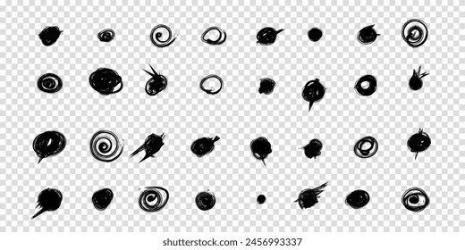 Set of hand drawn doodle circles in a grunge style. Vector illustration for bullet journal. Transparent background. Scribble doodle circle and point. Collection black shapes dots and drops.