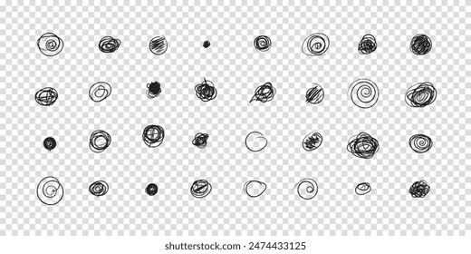 Set of hand drawn doodle circles in a grunge style. Scribble doodle circle and point. Collection black shapes dots and drops. Vector illustration for bullet journal. Transparent background.