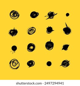 Set of hand drawn doodle circles in a grunge style. Scribble doodle circle and point. Vector illustration for bullet journal. Isolated yellow background. Collection black shapes dots and drops.