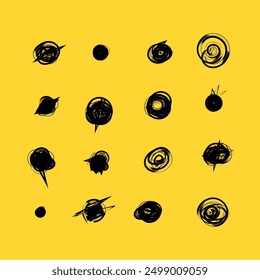 Set of hand drawn doodle circles in a grunge style. Yellow background. Scribble doodle circle and point. Collection black shapes dots and drops. Vector illustration for bullet journal.