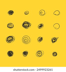 Set of hand drawn doodle circles in a grunge style. Scribble doodle circle and point. Vector illustration for bullet journal. Isolated yellow background. Collection black shapes dots and drops.