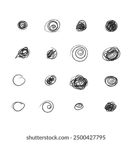 Set of hand drawn doodle circles in a grunge style. Scribble doodle circle and point. Collection black shapes dots and drops. Vector illustration for bullet journal. Isolated white background.