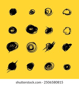 Set of hand drawn doodle circles in a grunge style. Scribble doodle circle and point. Vector illustration for bullet journal. Isolated yellow background. Collection black shapes dots and drops.