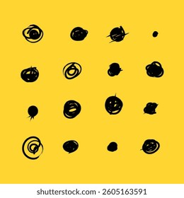 Set of hand drawn doodle circles in a grunge style. Yellow background. Scribble doodle circle and point. Collection black shapes dots and drops. Vector illustration for bullet journal.