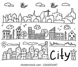Set of hand drawn doodle cities. Street with houses and trees. Collection of design elements