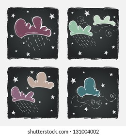 Set of hand drawn doodle clouds and stars on chalkboard background. Vector illustration.