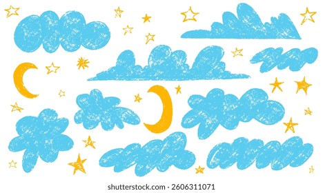 Set of hand drawn doodle clouds and stars. Vector crayon drawn clouds cute stars in kids style. Hand drawn blue cloud. Naive style childish elements. Various pencil childish icons, weather elements.