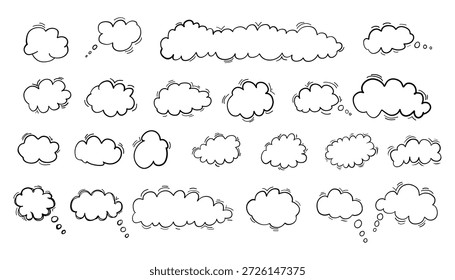 Set of hand drawn doodle clouds. outline clouds. doodle fluffy clouds. speech bubbles. vector illustration