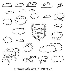 Set of Hand Drawn Doodle Clouds. Vector Illustration. Isolated on white background.