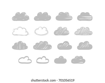 Set of hand drawn doodle clouds. Vector design elements isolated on a white background, suited for making patterns, web or widgets