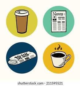 Set of hand drawn doodle coffee break icons isolated on colorful bright circles. Morning newspaper and cup of coffee.