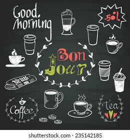 Set of hand drawn doodle coffee break doodles and Good Morning lettering isolated on chalkboard background. Morning newspaper and cup of coffee.