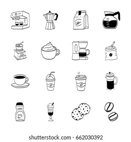 Set of hand drawn doodle coffee icons. Coffee shop equipment, beverages and desserts.