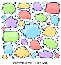 Set of hand drawn doodle colored Speach bubbles. Pastel colors. Vector illustration