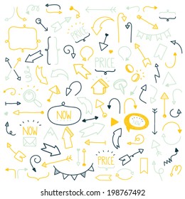 Set of hand drawn doodle and colorful arrows and icons on a white background