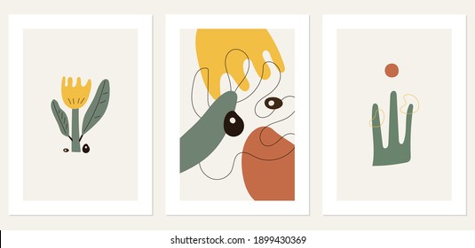 Conjunto de composiciones de doodle dibujadas a mano con varias formas, flores y líneas. Ilustraciones contemporáneas de moda de Vector. Formas minimalistas en tonos pastel aisladas en un fondo claro.