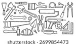 Set of hand drawn doodle construction tools. Home building and repair tool sketch style. Workshop equipment vector illustration