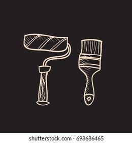 Set of hand drawn doodle construction icons with home building and repair tools. Vector graphic illustration 
