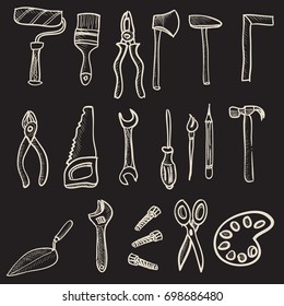 Set of hand drawn doodle construction icons with home building and repair tools. Vector graphic illustration 
