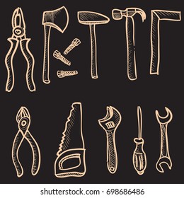 Set of hand drawn doodle construction icons with home building and repair tools. Vector graphic illustration 
