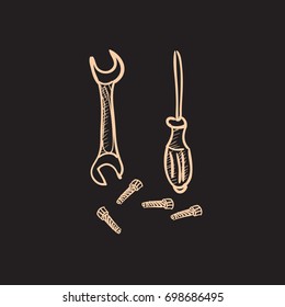 Set of hand drawn doodle construction icons with home building and repair tools. Vector graphic illustration 
