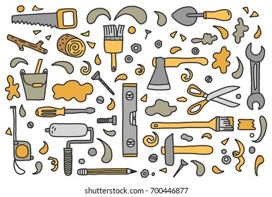 Set of hand drawn doodle construction tools. Vector illustration with cartoon wrench, bolt, scissors, hammer, saw, home building and repair tool. Sketch style.