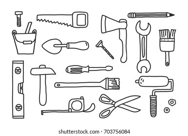 Set of hand drawn doodle construction tools. Vector illustration with cartoon wrench, bolt, scissors, hammer, saw, home building and repair tool. Sketch style.