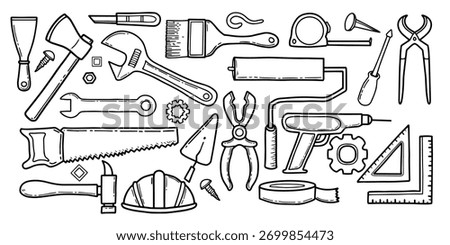 Set of hand drawn doodle construction tools. Home building and repair tool sketch style. Workshop equipment vector illustration