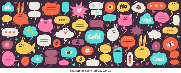 Set of hand drawn doodle conversation clouds or dialogue chat bubbles with cartoon animals, small talk phrases, think or talk clouds. Short vector messages for communication or discussion