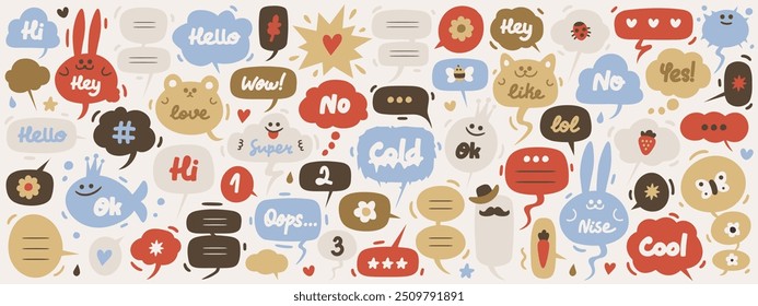 Set of hand drawn doodle conversation clouds or dialogue chat bubbles with cartoon animals, small talk phrases, think or talk clouds. Short vector messages for communication or discussion