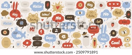 Set of hand drawn doodle conversation clouds or dialogue chat bubbles with cartoon animals, small talk phrases, think or talk clouds. Short vector messages for communication or discussion