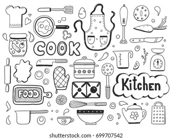 Set of hand drawn doodle with cooking ingredient, food, bakery and kitchen utensils elements. Vector illustration for icon, restaurant menu, recipe book template. Cartoon sketch style.