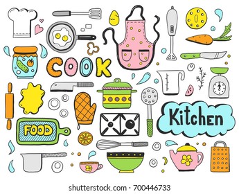 Set of hand drawn doodle with cooking ingredient, food, bakery and kitchen utensils elements. Vector illustration for icon, restaurant menu, recipe book template. Cartoon sketch style.