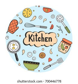 Set of hand drawn doodle with cooking ingredient, food, bakery and kitchen utensils elements. Vector illustration for icon, restaurant menu, recipe book template. Cartoon sketch style.