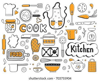 Set of hand drawn doodle with cooking ingredient, food, bakery and kitchen utensils elements. Vector illustration for icon, restaurant menu, recipe book template. Cartoon sketch style.