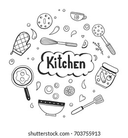 Set of hand drawn doodle with cooking ingredient, food, bakery and kitchen utensils elements. Vector illustration for icon, restaurant menu, recipe book template. Cartoon sketch style.